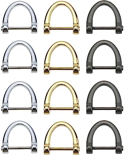 12 Pack D-Rings, Horseshoe Shape D Ring, U Shape D Rings, Screw in Shackle Semicircle D Ring, with Small Screwdriver for DIY Leather Craft Accessories, Silver Black and Gold (1x1 inches)