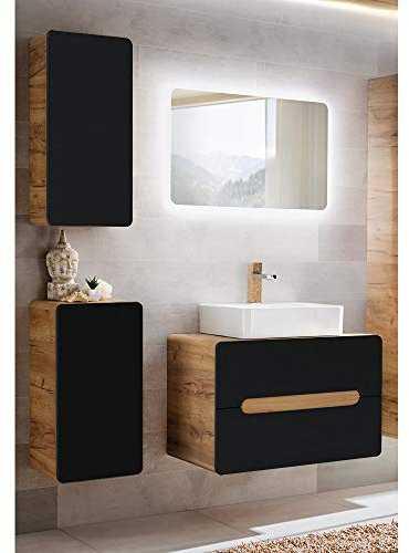 Badmöbelset mit Keramik-Waschtisch LUTON-56 Hochglanz weiß mit Wotan Eiche Nb. B/H/T ca. 130/200/46 cm