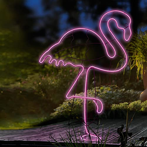 hellum Flamingo LED outdoor, Neon Flamingo mit 648 pinken LED, 115x77,5cm | XXL LED Flamingo mit 5m Zuleitung und Transformator, Flamingo Lampe outdoor mit pinkem Lichtschlauch für innen + außen 578393