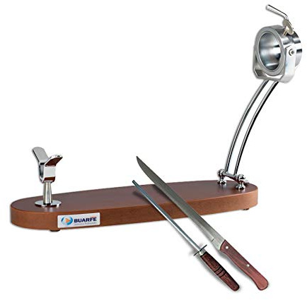 BRICOMIRAS JAMONERO Modelo SERÓN Plegable Color Nogal Casquillo Giratorio, Regalo Cuchillo + CHAIRA Soporte JAMONERO