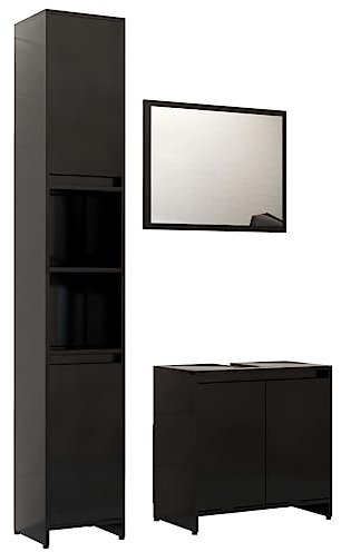 vidaXL Badmöbel Set 3-TLG. Hochschrank Unterschrank Spiegel Waschbeckenunterschrank Badezimmermöbel Badschrank Badezimmerschrank Schwarz Holzwerkstoff