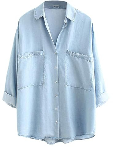 Yimoon Womens Denim Shirt Chambray Blue Button Down Jean Shirt Denim Tops Soft Tencel Casual 3/4 Sleeve Jackat(LightBlue-S)
