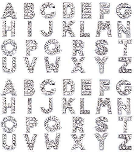 SUNNYCLUE 52 Stück Alphabet A: Z Buchstabe Slide Charm Strassperlen 8 mm Loch Slide Alphabet Buchstaben Für 8 mm Slide Armbänder/Armbänder, Edelstahl Farbe