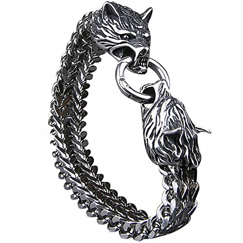 DPGOLDP Edelstahlarmband Mit Wolfskopf Amulett Schmuck Nordischer Wikinger Geri Und Freki Fenrir Wolfskette