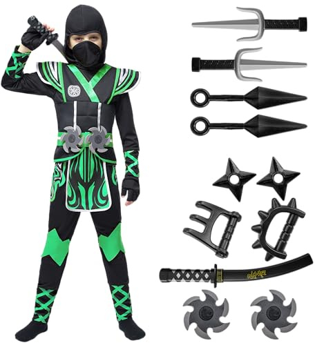 Spooktacular Creations grön ninjadräkt för barn, ninja outfitset för pojkar, halloweenkostym för småbarn temafester, utklädnad (3T, 3–4 år)