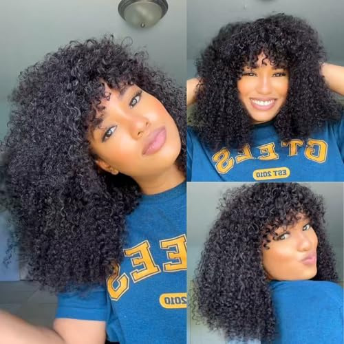 Wig Human Hair With Bang For Black Women Afro Kinky Curly None Lace Glueless Short Curly Human Hair Wigs 180% Density 14 1B