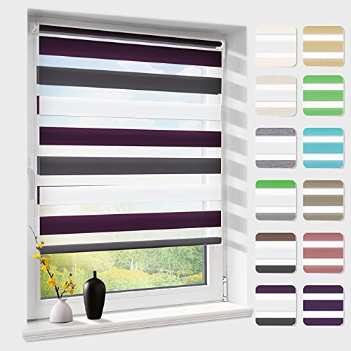 Doppelrollo klemmfix ohne Bohren, Duo Rollos für Fenster & Tür mit Bohren, Weiß Lila Anthrazit B40 x H150cm (Stoffbreite 36cm), Fensterrollo lichtdurchlässig & verdunkelnd, Klemmrollo Sonnenschutz