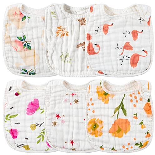 WATINC 6Pcs Organic Cotton Bibs for Baby Girls, Absorbent Soft Muslin Cotton Baby Teeth Drooling Pink Bib, 6 Layers Burp Fabric With Adjustable Snaps for Baby Shower Birthday Gifts,0-12 Months