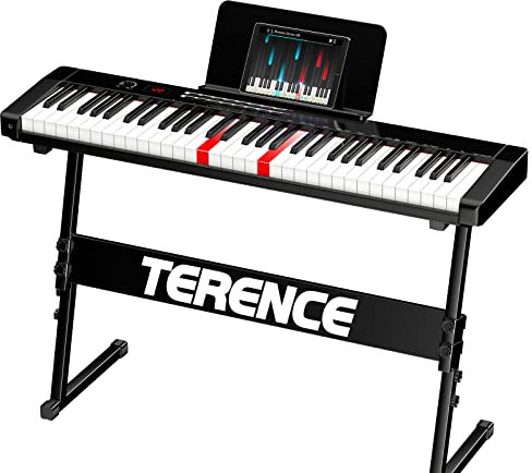 TERENCE Piano Keyboard 61 Keys with Stand Digital Piano 1750mAh Battery Semi Weighted Keyboard with Display Function keys Bluetooth MIDI Port Sheet Music Stand Sticker Bag Audio Cable Earphones