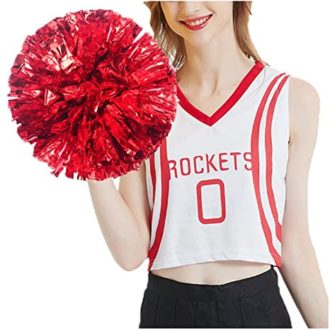 SHTGOI 2 Stück Cheerleading Pompons Metallfolie Cheerleading Pom Poms mit Ring Cheerleader Handblumen Cheers Blumenball für Sportveranstaltungen Ballspiele Tänze Karnevalspartys Rot