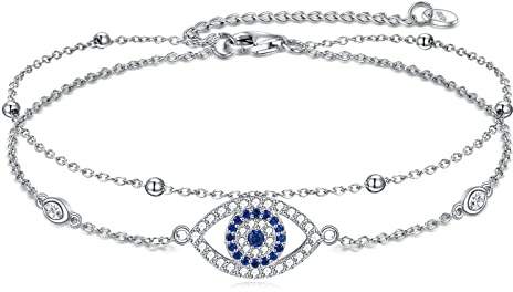 VONALA Evil Eye/Infinity Heart/Celtic Knot/Witches Knot/Sunflower/Sun Moon/Turtle/Mermaid Anklet Sterling Silver Double Layered Charm Anklet Adjustable Foot Anklet Bracelet for Women