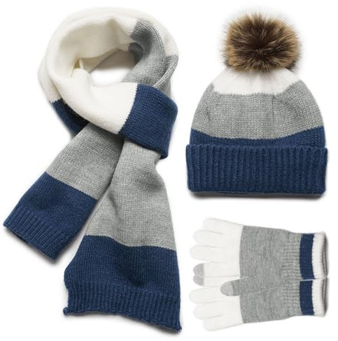 MAGIMODAC Jungen Mädchen Winter Mütze Schal Handschuhe gefütterte Strickmütze Beanie Winterschal Wintermütze 3 teiliges Set Rot Braun Dunkelblau Grau
