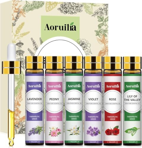 Aoruilia 6 x 10ml Floral Essential Oils Set, Premium Fragrance Oils for Diffusers, Aromatherapy, Soap & Candle Making Scents - Rose, Lavender, Jasmine, Lily of The Valley, Peony, Violet