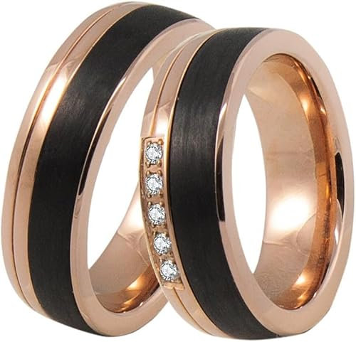 DOOSTI Ehering/Trauring/Partnerring - chirugischer Edelstahl 316L Rose vergoldet mit schwarzer Carbon Einlage - Damen und Herren Variante - Mit Gratis Wunschgravur (Ring ohne Stein, 72)