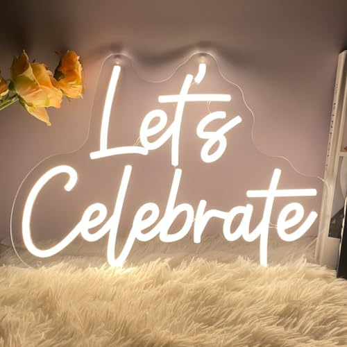 Let's Celebrate Neon Sign Wall Decor Indoor Bedroom Custom Led Neon Signs Backdrop Flex Christmas Party Business Shop Window Wedding Living Room Birthday Gift(Warm White,USB,40×28.6CM)