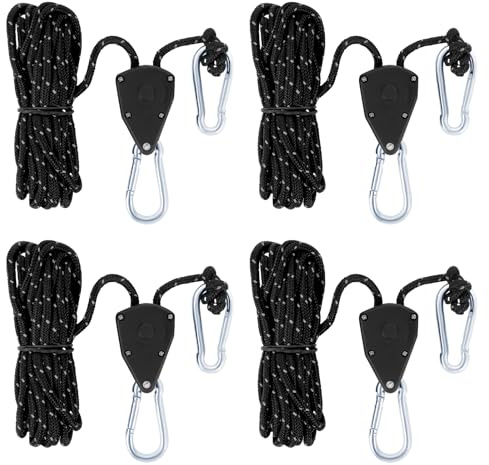 YFPOPONE 4 Stück Verstellbare Seilratsche mit 2m, 4m Seil, Seilratsche mit Haken, Windfestes Seil zur Einstellung der Riemenscheibe, Seilspanner 1/8 Zoll, Ratchet Hangers Nylon für Sonnensegel Zelten
