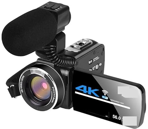 AUBEST Videocamera Videocamera 4K Streaming live for Vlog Obiettivo grandangolare Visione notturna 56MP Videocamera UHD Fotografia Registratore digitale(128GB SD Card,With Mic)