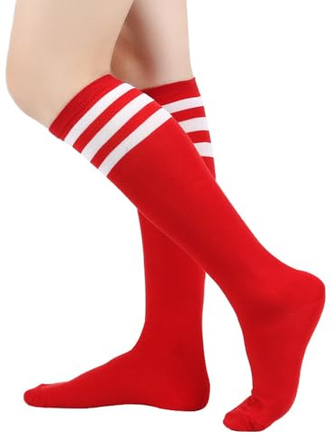 BrightGlow Medias hasta la rodilla para mujer, calcetines altos retro con rayas, muslo largo, calcetines altos, medias a rayas, calcetines deportivos, talla única, rojo, Talla única