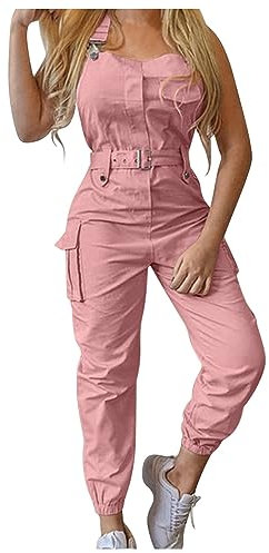 Hängselbyxor dam svarta skinny-svarta cargobyxor dam sportbyxor långa med fickor solida kvinnor fickrygg byxband justerbar designfärg arbetsbyxor dam stora storlekar, ROSA, L