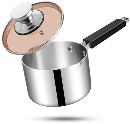 HaWare 16cm Saucepan with Glass Lid, 2L Stainless Steel Milk Pan, Tri-Ply Sauce Cookware Pot for Induction Gas Halogen Electric Ceramic, Heat-Proof Handle - 2QT