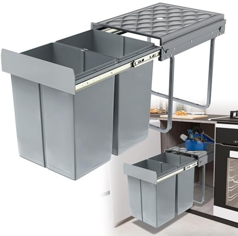 XYIANG Kitchen Waste Bin Cabinet with Built in Rubbish Bin and Extendable Waste Collector Telescopic Rails for Waste Separation Ideal for Kitchen Waste Sorting(2x20L)