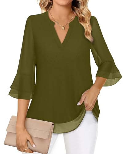 Akiooue Camicette da Donna con Maniche a 3/4 a Campana, Top Tunica Casual Eleganti con Scollo a V, Camicie a Doppio Strato in Chiffon da Lavoro S-3XL, 3XL