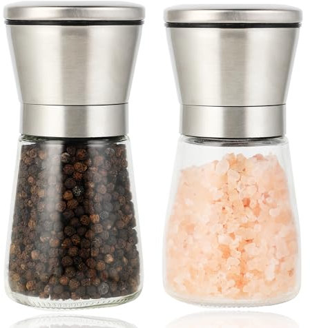 2 Piezas Molinillo Pimienta - Molinillo - Molinillo Especias, 180 ml*2, de Acero Inoxidable y Vidrio, con Mecanismo de Molienda de Cerámica Ajustable, Ideal para Moler y Rellenar Sal, Pimienta y Chile