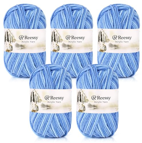 Reessy 225g Knitting Wool Acrylic Yarn Crochet Yarn Set, Super Soft 5 Ply Wool for Crochet Knitting and Crafts, 5 x 45g Crochet Yarn for Amigurumi Projects Handcrafts-Blue