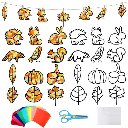 LYNBLY 12 Stück Herbst Bastelset Kinder, Ahornblatt Bastelset Herbst, Fensterbilder Herbst Basteln, DIY Bastelset Blätter Deko, Herbst Basteln Kinder für Mädchen Jungen Herbst Party Geschenk