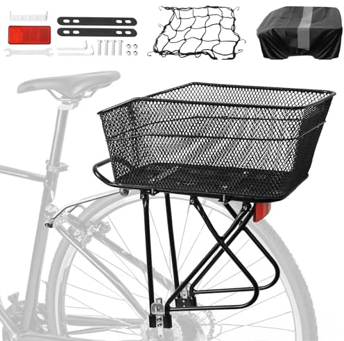 YEEGO DIRECT Rear Bike Rack with Basket, Detachable Adjustable Bike Basket Rear,Bike Cargo Rack with 26L Waterproof Cover & Cargo Net and for 24 - 27.5 and 700c Bikes