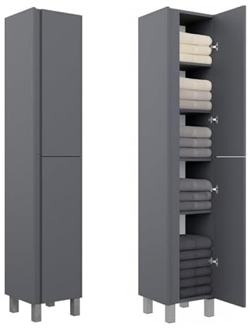 paplinskmoebel - Badschrank Schmal 32 x 33 x 170 cm (BxTxH), Badezimmerschrank Schmal Ariza Tall, Bad Schrank Stehend oder Hängend, Soft-Close Badmöbel Grau Matt