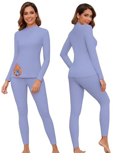 WOWENY Biancheria intima termica da donna in pile, set di biancheria intima da sci invernale, biancheria intima calda funzionale, top termico con colletto alto e pantaloni termici leggings per uso