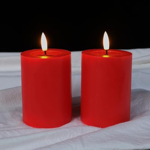LUCOZA 2er Set Flackernde Flammenlose LED Kerzen mit Timer für Innen, 10 cm Batteriebetriebene LED Echtwachskerzen, Realistische Stumpenkerze mit 3D-Dochtlich, Rot
