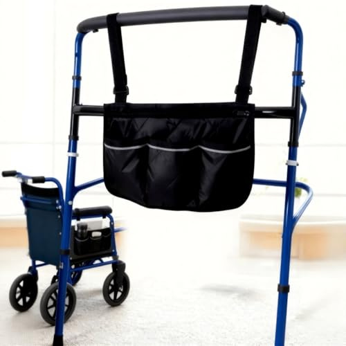 Borsa portaoggetti laterale per sedia a rotelle, impermeabile, con striscia riflettente, 3 tasche aperte e 1 grande con chiusura