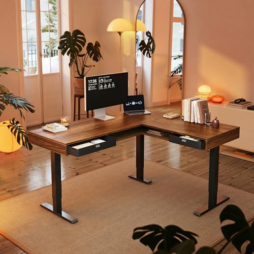 HUANUO Electric L Shaped Standing Desk, 63″x55″ Height Adjustable Corner Computer Desk with 2 Under Desk Drawers & Open Storage Sapce, Sit Stand Up Table with Power Strip Tray & Cable Grommets, Walnut