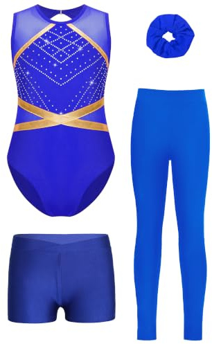 Alvivi 4er Set Mädchen Turnanzug Glitzer Gymnastikanzug mit Hose Shorts Haarband Gymnastikbody Turntrikot Gymnastik Kleidung Tanzkostüm
