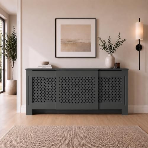 DuraTherm® Radiator Cover Anthracite Grey Painted Traditional Cross Slat Shelves MDF Cabinet Shelf for Radiators, Living Rooms, Bedrooms, Adjustable