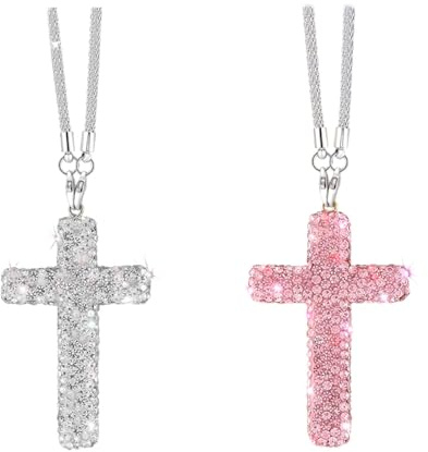 XFSRG Lot de 2 Décoration à suspendre pour voiture pendentif en forme de croix en strass cristal Accessoire Religieux Étincelant Rétroviseur Cadeau Spirituel et Chic pour Hommes et Femme