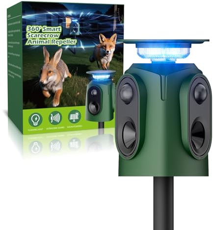 Repulsif Chat Exterieur Solaire, Jkevow 360° Répulsif Chat Ultrason avec Détecteur et Flash, 5 Modes de Réglage pour Chats Chiens Souris Animaux de Jardin