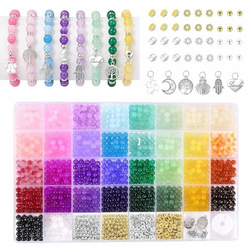 1400Pcs Glass Beads, 6mm 34 Colors Crystal Jade Kit | Round, Gemstone Imitative Jade, Bracelet Jewellery Making Bead, for Necklace Phone Lanyard DIY Crafts