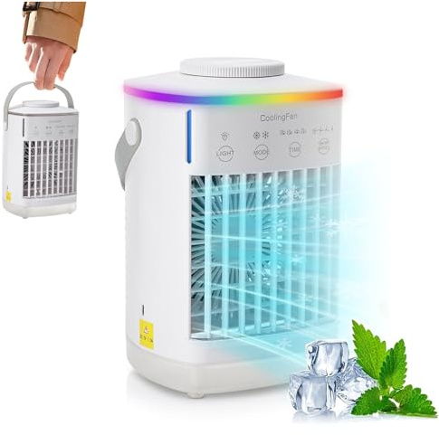 Mini klimaanlage, Mini Luftkühler mit 700ml Tragbare Mobile Klimaanlage, 4 Luftgeschwindigkeiten & 3 Kühlnebel, 2-8H Timer,Leise Kleine Klimaanlage für Zimmer, auto und Büro(7W)