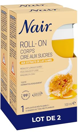 Nair Roll-On Cire au Sucre - Corps - Extrait de lait & miel - 2x100ml | Adapté aux peaux sèches - Avec 2x10 bandes réutilisables - Peau douce et lisse - Résultat professionnel & longue durée