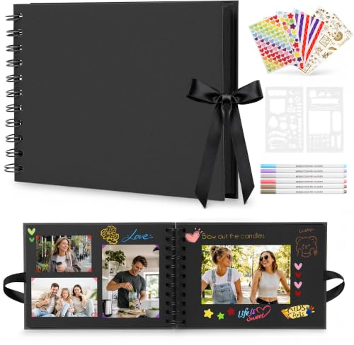 DazSpirit Album Photo A5 à Personnaliser, Scrapbooking DIY, 40 Pages Noires | Comprend 6 Stylos Métalliques et 8 Autocollants Photo, Album Souvenir pour Mariage, Voyage, Bébé et Anniversaire