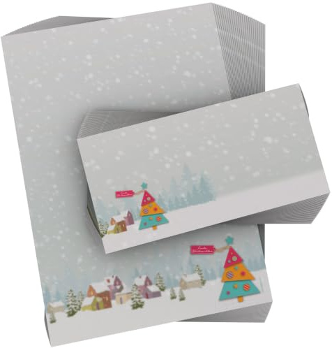 Weihnachtsbriefpapier mit Umschlag Buntes Tannenbäumchen, 50 Blatt A4 und 50 Briefumschläge OHNE FENSTER