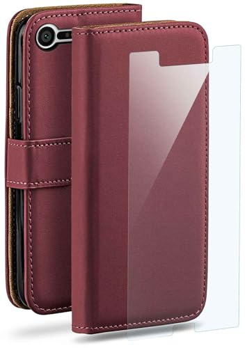 moex 4 in 1 Set für Sony Xperia X Compact Hülle mit 3X Schutzfolie, Handyhülle Kartenfach [Book Case Klapphülle + FlexProtect Folie] Schutzhülle 360 Grad Komplettschutz, Weinrot