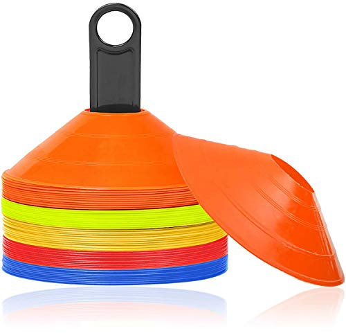HENGMEI Markierungshütchen 50 Stück Sport Hütchen Set Markierungsteller inkl. Halter für, für das Training im Fussball, Hockey, Handball für Koordination und Agilität