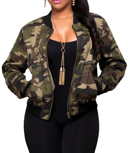 xxxiticat Women's Camo Bomber Jacket Zipper Camouflage Moto Outwear GR-XL