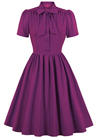 Wellwits Robe de travail vintage boutonnée à col noué pour femme, Violet uni, 38-40