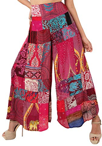 Lofbaz Pantalones Palazzo de Pierna Ancha con retales para Mujer Pantalones Holgados para salón de Yoga Hippie Harem para jóvenes Patchwork Borgońa 2XL