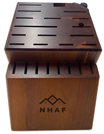 NHAF Messerblock mit 24 Schlitzen ohne Messer, integrierter Schärfer, Premium Holz Messeraufbewahrungsblock, Gummi & Akazienholz Messerblock, Küchenmesserhalter (3 Geschenke Zubehör enthalten)